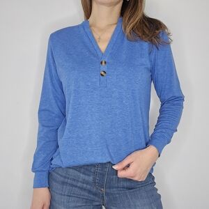 Boutique Heather Blue Women's Long Sleeve Henley Top with Button Detail